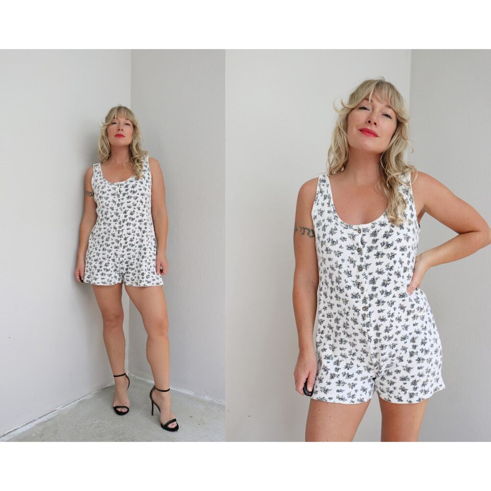 1990's Vintage Energie Thermal Button Front Floral Romper ~ Women's MD LG